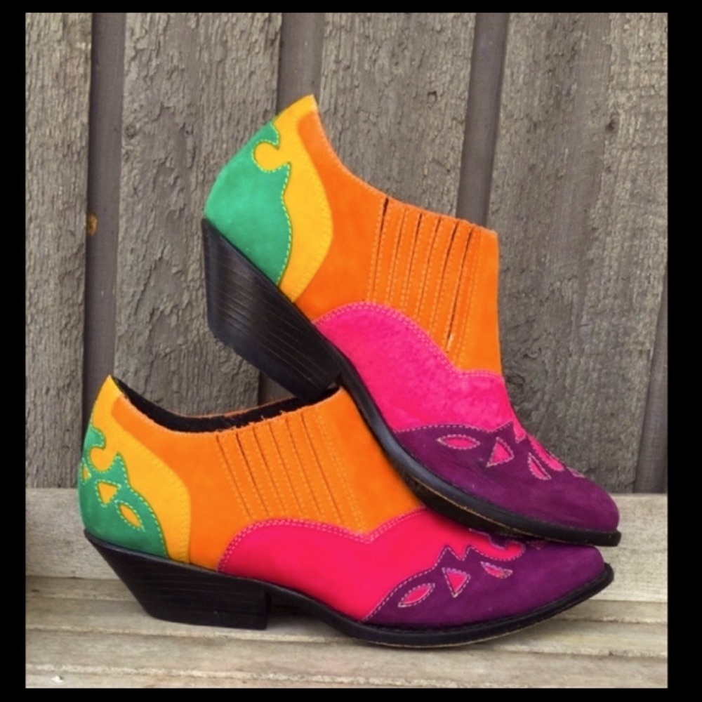 CIRCLE S BRAND🔹 VINTAGE Rainbow Leather Boots Purple Green Pink Orange 7.5 - Picture 2 of 7